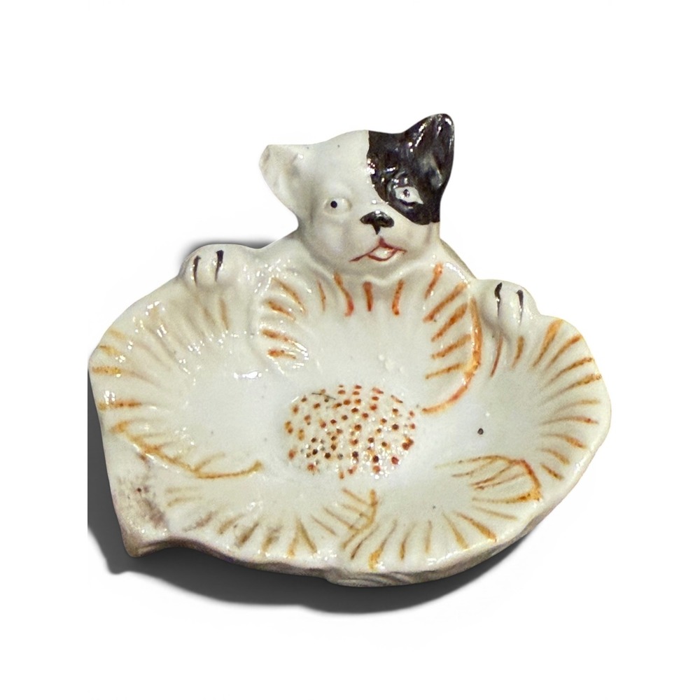 Trinket Dish Boston Terrier Japan Ceramic Dog Figurine Ring Bowl White Vintage